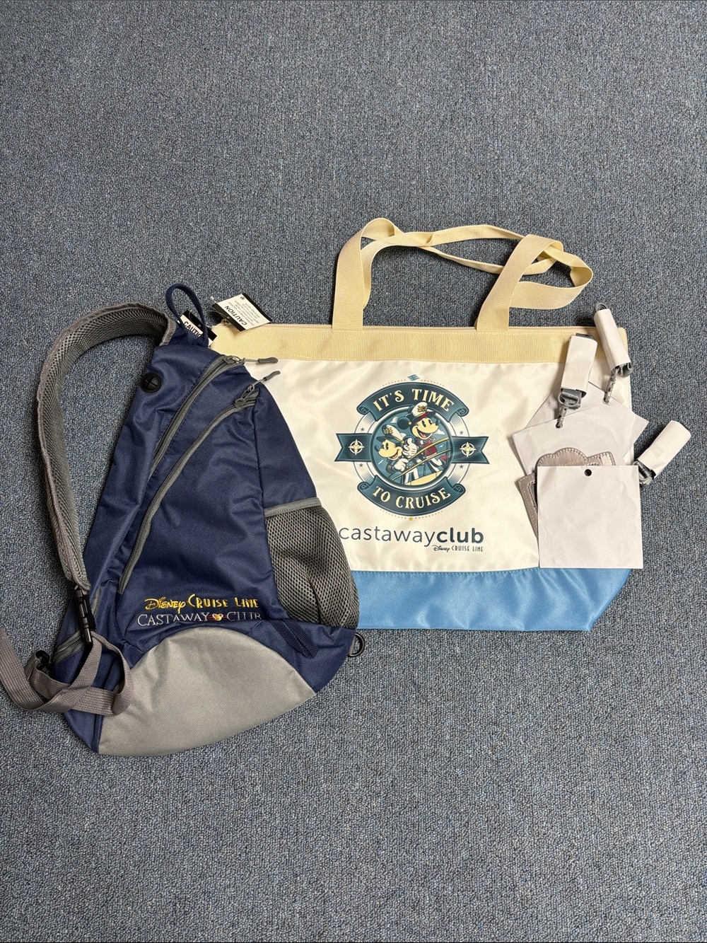 Disney Cruise Line Cream Castaway Club Tote and Navy Sling Bag Set